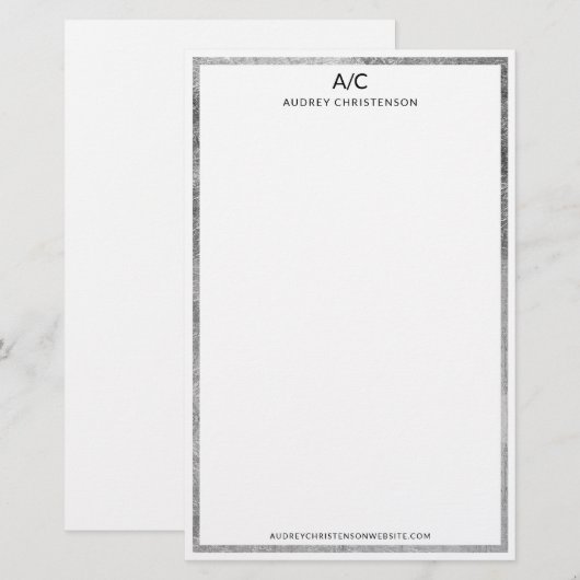 Modern klassiek monogram zilver lijst briefpapier (Voorkant / Achterkant)
