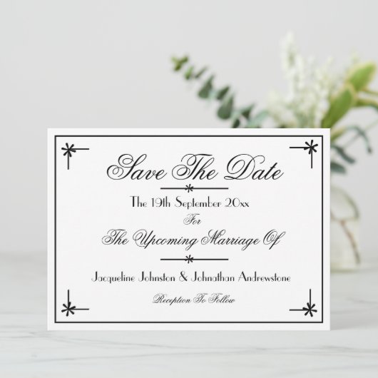 Modern klassiek romantisch chique wit save the dat aankondiging (Staand voorkant)
