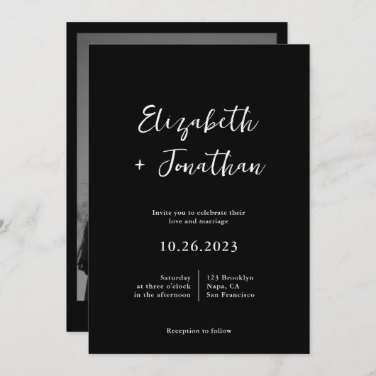 Modern klassiek script foto zwart bruiloft kaart (Voorkant / Achterkant)