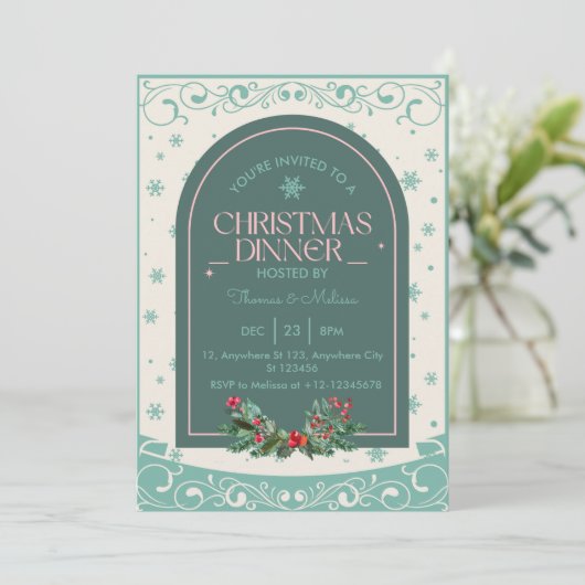 Modern  klassiek winterkerstdiner kaart (Staand voorkant)