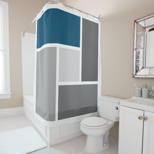 Modern kleurenblok Mozaïek Oceaan Blauw Grijs Wit Douchegordijn (In situ)