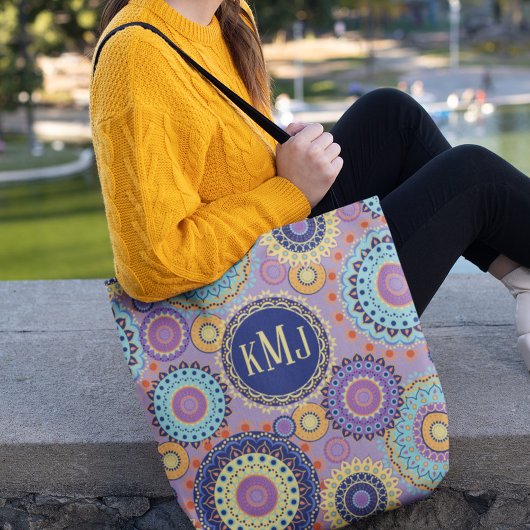 Modern kleurrijk Chic Monogrammed Mandala Pattern Tote Bag