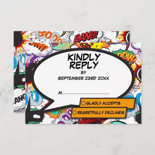 Modern kleurrijk leuk stripverhaal stijlvol RSVP kaartje (Voorkant / Achterkant)