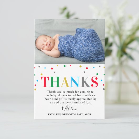Modern kleurrijk poka Dot Unisex Baby shower Bedankkaart (Staand voorkant)