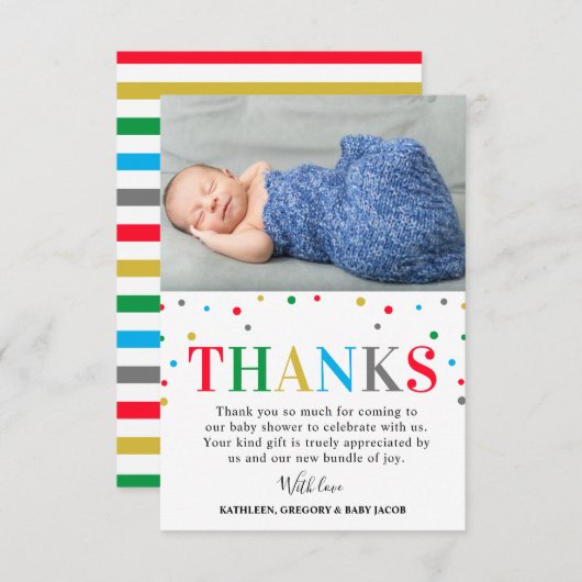 Modern kleurrijk poka Dot Unisex Baby shower Bedankkaart (Voorkant / Achterkant)