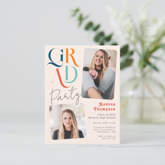 Modern kleurrijk Retro Two Photo Afstuderen Uitnodiging Briefkaart (Staand voorkant)