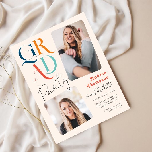 Modern kleurrijk Retro Two Photo Afstuderen Uitnodiging Briefkaart