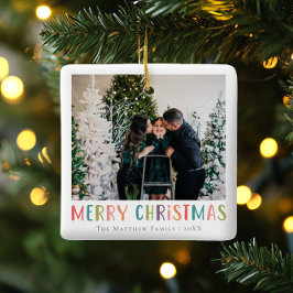 Modern & kleurrijk Vrolijk Kerstfeest Familiefoto Keramisch Ornament