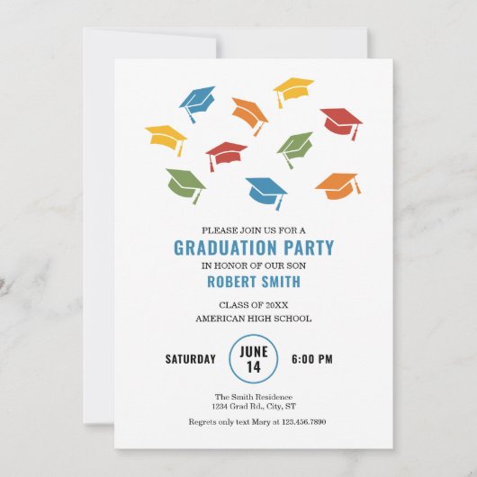 Modern Kleurrijke Petten Afstuderen Uitnodiging (Voorkant)