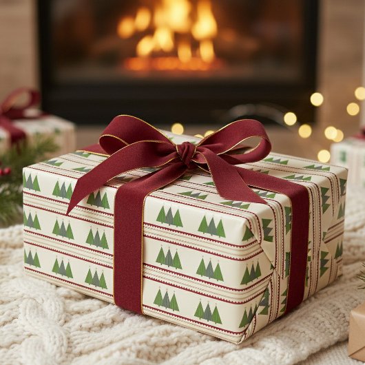 Modern Knit Christmas Trees Green and Red Cadeaupapier