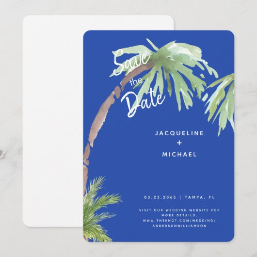 Modern kobaltblauw tropisch afgerond save the date (Voorkant / Achterkant)