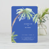 Modern kobaltblauw tropisch afgerond save the date (Staand voorkant)