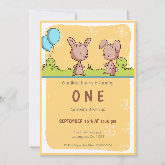 Modern konijntje 1e verjaardag kaart (Voorkant)