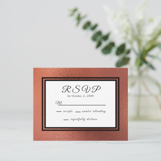 modern koper en zwart Elegant Bruiloft RSVP Kaartje (Staand voorkant)