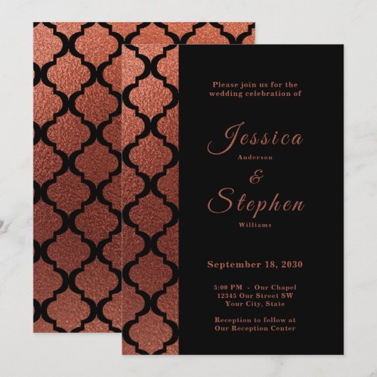 Modern koper & zwart Elegant Marokkaans Bruiloft Kaart (Voorkant / Achterkant)