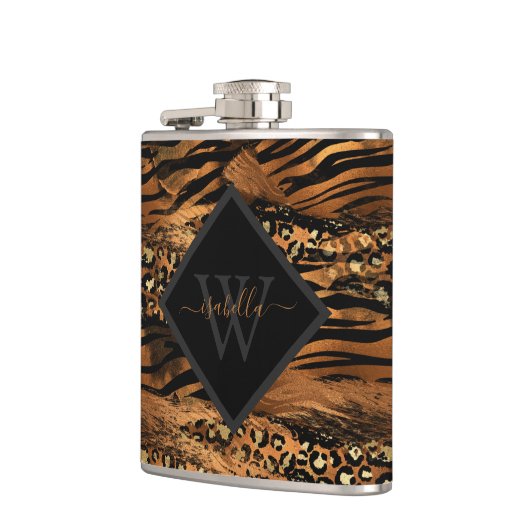 Modern Koperen Glitter Script Monogram Heupfles (Links)