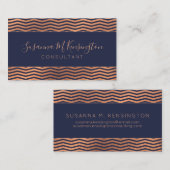 Modern koperen Roos goudfolie marineblauw Chevron Visitekaartje (Voorkant / Achterkant)