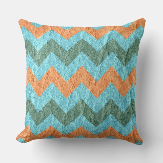 Modern koraal aqua chevron leer kussen (Voorkant)