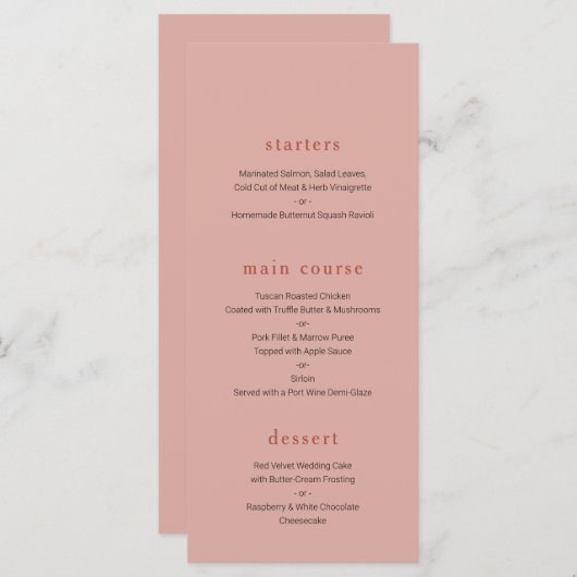 Modern Koraal en roest Bruiloft menu (Voorkant / Achterkant)