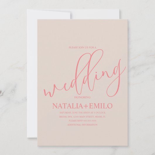 Modern koraal gedempt script minimale bruiloft kaart (Voorkant)