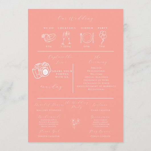 Modern koraal infographic lente bruiloft programma programmakaart (Achterkant)