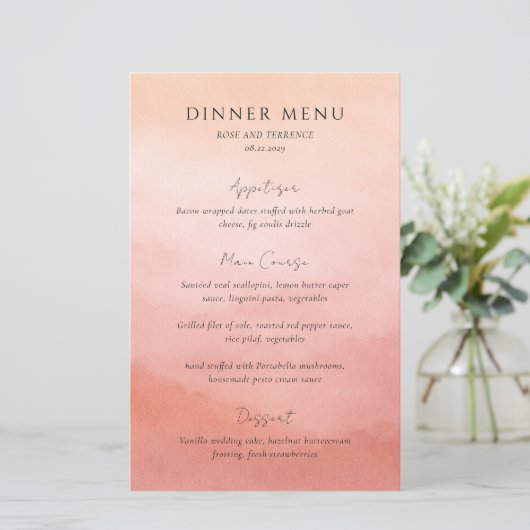 Modern Koraal Kust Chic Elegant Trouwmenu (Staand voorkant)