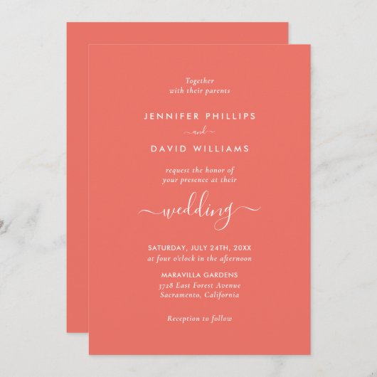 Modern koraal minimalistisch script bruiloft kaart (Voorkant / Achterkant)