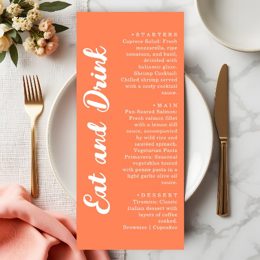 Modern Koraal Oranje Eet- en Drinkbruiloft Menu