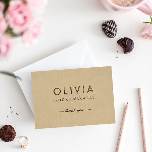 Modern Kraft and Black Monogram Bedankkaart