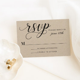 Modern Kraft and Black Script Wedding RSVP Kaartje