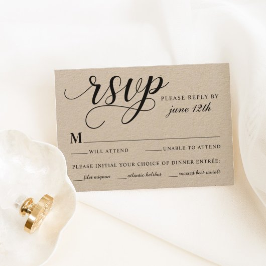 Modern Kraft and Black Script Wedding RSVP Kaartje