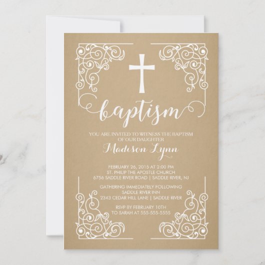 Modern Kraft Baptism Christening Cross Uitnodiging (Voorkant)