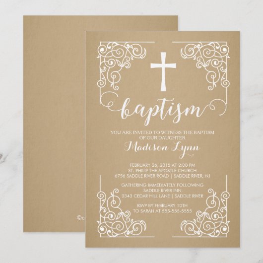 Modern Kraft Baptism Christening Cross Uitnodiging (Voorkant / Achterkant)