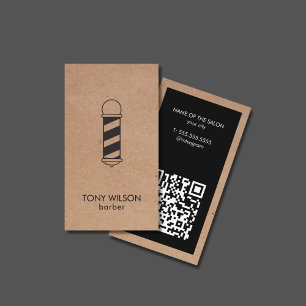 Modern Kraft Black QR Code Barber Pole Salon Visitekaartje