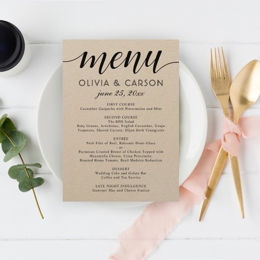 Modern Kraft en Zwart Script Bruiloft Monogram Menu