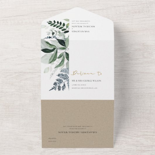 Modern Kraft Green Leafy Tropical Foliage Wedding All In One Uitnodiging (Buitenkant)