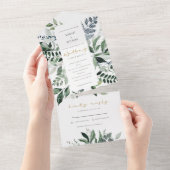 Modern Kraft Green Leafy Tropical Foliage Wedding All In One Uitnodiging (Afscheurbaar)