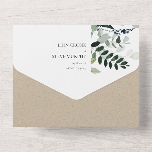 Modern Kraft Green Leafy Tropical Foliage Wedding All In One Uitnodiging (Achterkant)