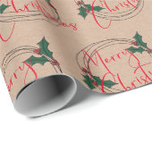 Modern Kraft Holly Wreath Merry Kerstmis Cadeaupapier (Rol Hoek)