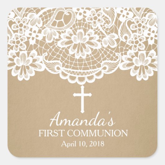 Modern Kraft Lace First Holy Communion Sticker (Voorkant)