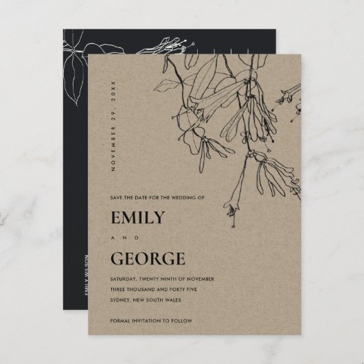 MODERN KRAFT LINE DRAAIENDE FLORAAL BEWAREN DE DAT AANKONDIGINGSKAART (Voorkant / Achterkant)