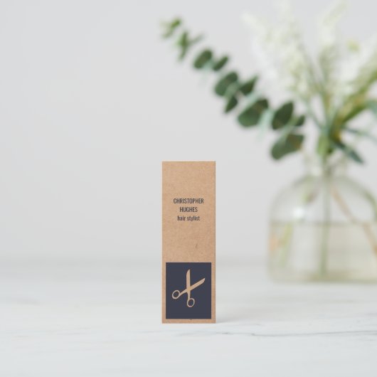 Modern Kraft Paper Blue Scissor Hair Stylist Mini Visitekaartje (Staand voorkant)