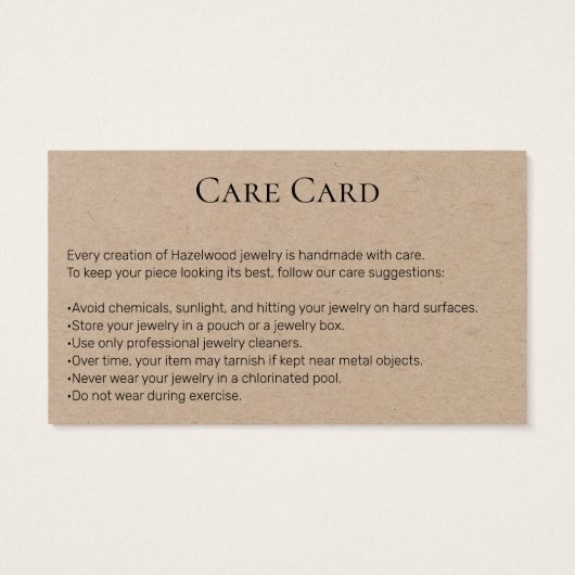 Modern Kraft Photo Jewelry Care Card Visitekaartje (Achterkant)