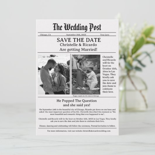 Modern krant bruiloft houd de datum vrij  kaart (Staand voorkant)
