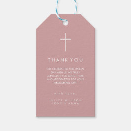 Modern kruis stoffig roze doopsel cadeaulabel