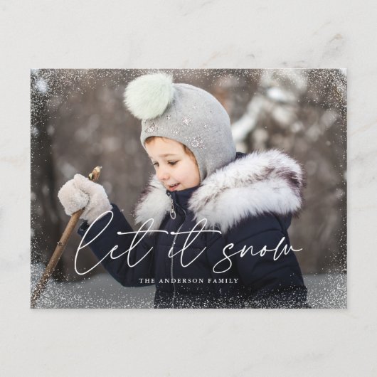 Modern Laat het sneeuwscript foto Feestdagenkaart (Voorkant)