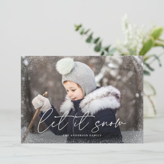 Modern Laat het sneeuwscript foto Feestdagenkaart (Staand voorkant)