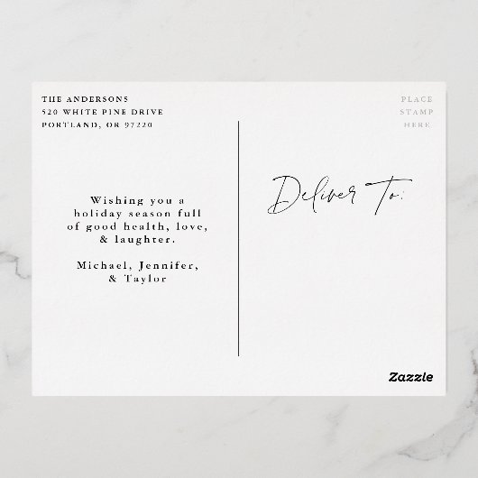 Modern Laat het Sneeuwscript Foto Folie Feestdagen Briefkaart (Achterkant)