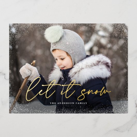 Modern Laat het Sneeuwscript Foto Folie Feestdagen Briefkaart (Voorkant)