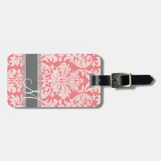 Modern Lace Damask Pattern - Coral and Grey Bagagelabel (Voorkant horizontaal)